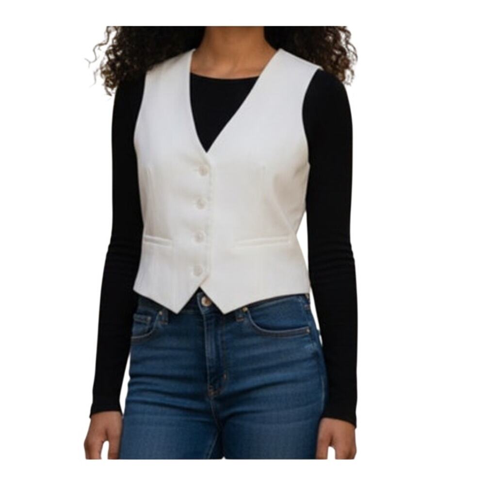 Women's Small White Cropped V-Neck Button Front Top Sleeveless Jacket Vest